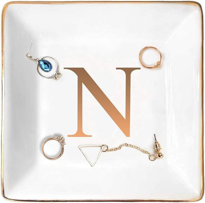 ANOTION Jewelry Tray Ring Dish with Ini-tial Gift- Personalized Trinket Dish and Jewelry Dish with Gold Initials Key Bowl Ceramic Holder, Unique Wedding or Engagement Present