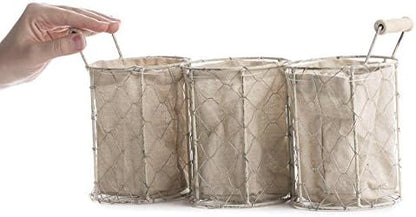 Factory Direct Craft White Washed Chicken Wire Triple Basket with Natural Linen Liner. Use The Small Basket as Cottage, Coastal or Farmhouse Home Decor Organizer.