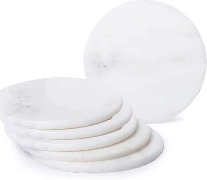 Coasters for Drinks - Set of 6 Modern Coasters - 4" Wide Drink Coasters - Made from Real Solid Marble White Marble Coasters Round Shape