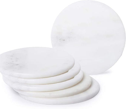 Coasters for Drinks - Set of 6 Modern Coasters - 4" Wide Drink Coasters - Made from Real Solid Marble White Marble Coasters Round Shape