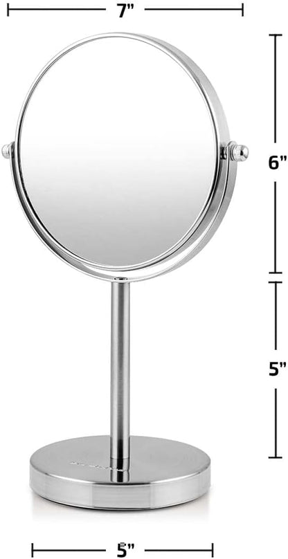 OVENTE 6'' Tabletop Makeup Mirror with 1X/7X Magnification, 360° Swivel Design, Double-Sided Free-Standing Vanity Mirror Perfect for Dresser, Bedroom and Office Desk, Nickel Brushed MNLT60BR1X7X