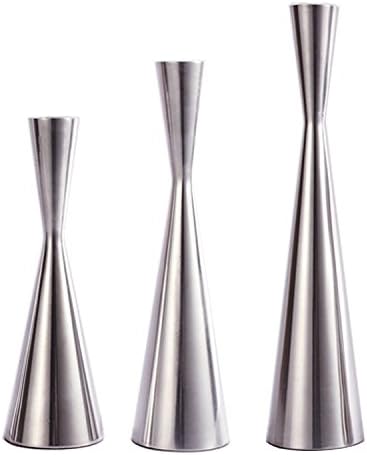 Set of 3 Silver Brushed Metal Taper Candle Holders Candlestick Holders Vintage Modern Decorative Centerpiece Candlestick Holders for Table Mantel Wedding Housewarming (Shiny Silver, S+M+L/Set)