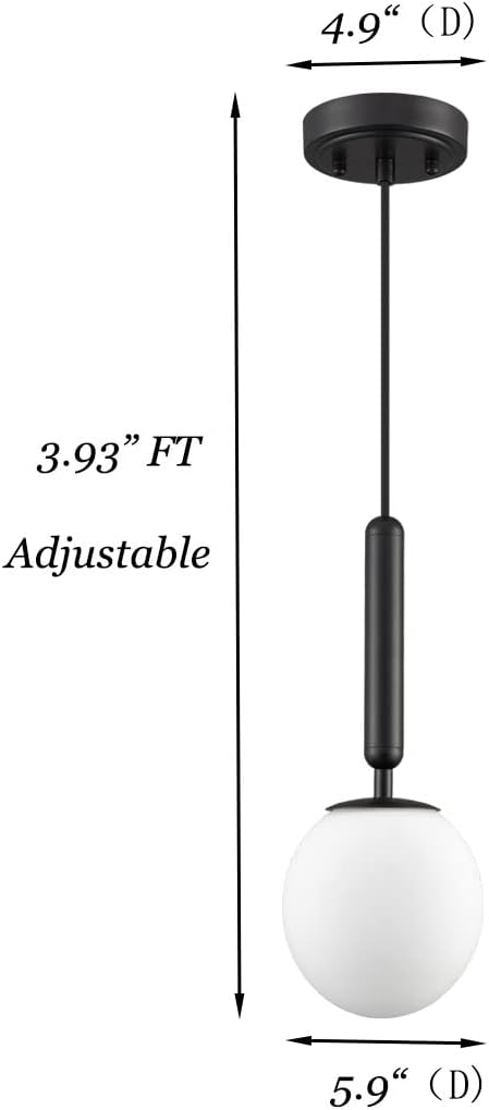 DIRYZON Mid Century Glass Globe Pendant Light Black Pendant Lighting for Kitchen Island Adjustable Hanging Ceiling Lihgt for Bedroom Bathroom Living Room