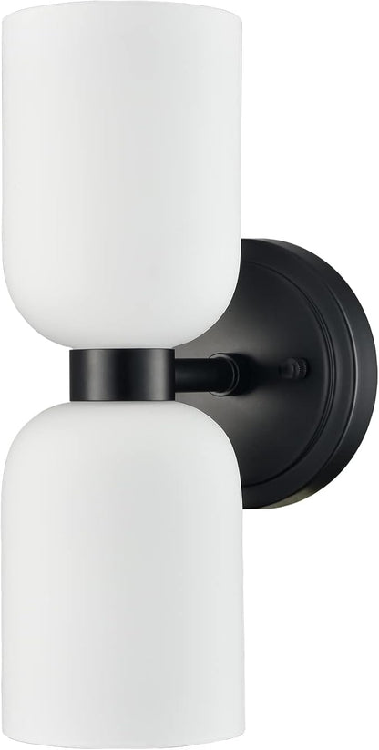 CLAXY Black Wall Sconce Modern 2-Light Bathroom Vanity Lights-Milky Glass Shade Wall Light for Bathroom Bedroom Stairway