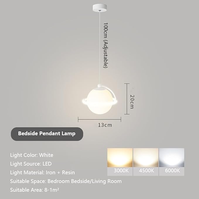 Modern White LED Pendant Light Adjustable Spherical Hanging Lamp with 3 Color Temperatures for Bedroom Bedside Living Room Decorative Iron and Resin Ceiling Fixture