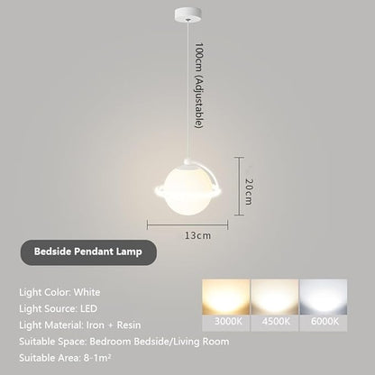 Modern White LED Pendant Light Adjustable Spherical Hanging Lamp with 3 Color Temperatures for Bedroom Bedside Living Room Decorative Iron and Resin Ceiling Fixture