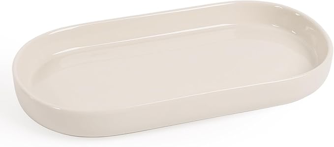 Ceramic Jewelry Tray – Oval Vanity Dish for Rings, Earrings, Bracelets – Minimalist Decorative Trinket Holder for Dresser, Bathroom, Nightstand – Cream White