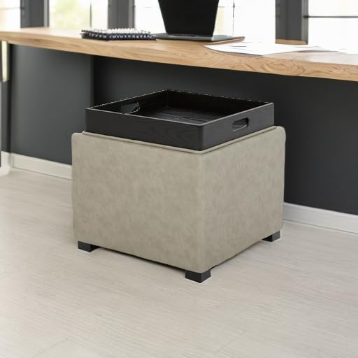 CHITA Storage Ottoman Cube with Tray Lid, Small Footstool with Storage, Square End Table for Living Room and Bedroom, Faux Leather in Stone Gray