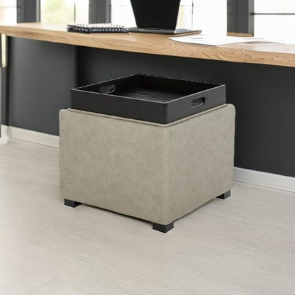 CHITA Storage Ottoman Cube with Tray Lid, Small Footstool with Storage, Square End Table for Living Room and Bedroom, Faux Leather in Stone Gray