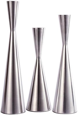 Set of 3 Silver Brushed Metal Taper Candle Holders Candlestick Holders Vintage Modern Decorative Centerpiece Candlestick Holders for Table Mantel Wedding Housewarming (Shiny Silver, S+M+L/Set)