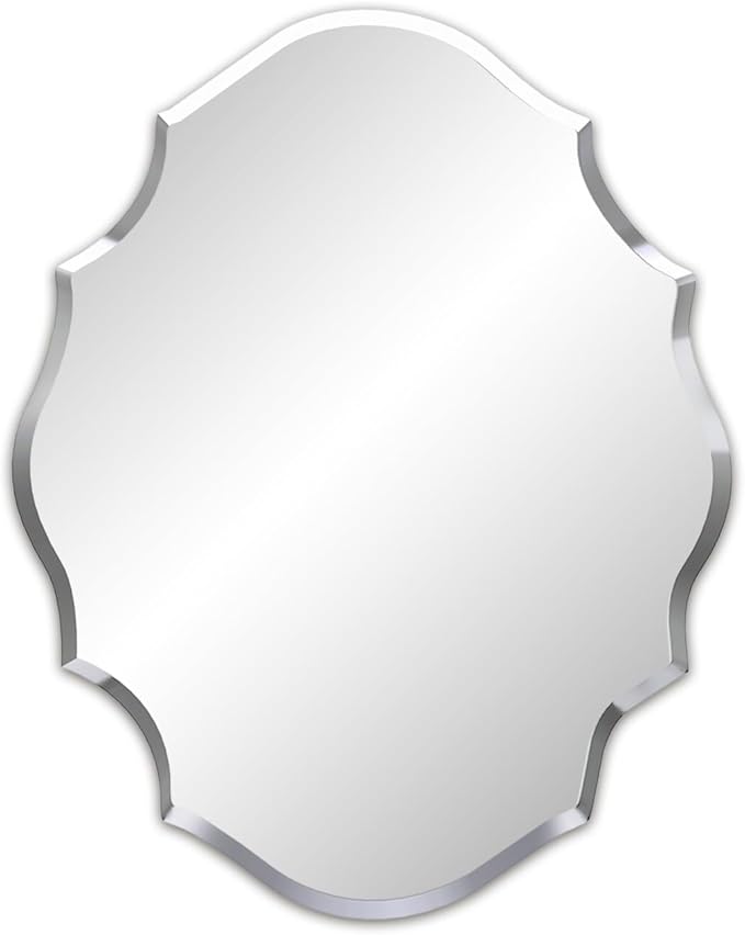 Frameless Scalloped Wall Mirror: Decorative Scallop Oval Mirrored Glass Vanity with Beveled Silver Edge for Bathroom Bedroom Livingroom Dining Room Entryway Hallway, 32 x 25 inch
