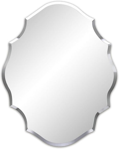 Frameless Scalloped Wall Mirror: Decorative Scallop Oval Mirrored Glass Vanity with Beveled Silver Edge for Bathroom Bedroom Livingroom Dining Room Entryway Hallway, 32 x 25 inch