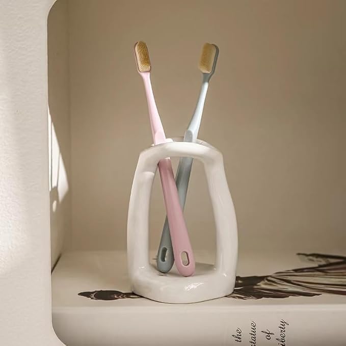 Handmade Ceramic Holder Stand for Toothbrushes, Makeup Brushes, and Pens - Minimalist Design for Bathroom Vanity and Countertops Decor (White)