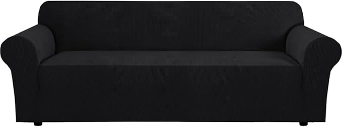H.VERSAILTEX Stretch Couch Covers for Sofa 1 Piece Slipcovers for Couches and Sofas 3 Seater Couch Cover Feature Thick Checked Jacquard Fabric with Elastic Bottom(Large Sofa 90"-100" Wide, Black)