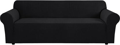 H.VERSAILTEX Stretch Couch Covers for Sofa 1 Piece Slipcovers for Couches and Sofas 3 Seater Couch Cover Feature Thick Checked Jacquard Fabric with Elastic Bottom(Large Sofa 90"-100" Wide, Black)