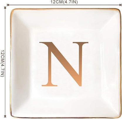 ANOTION Jewelry Tray Ring Dish with Ini-tial Gift- Personalized Trinket Dish and Jewelry Dish with Gold Initials Key Bowl Ceramic Holder, Unique Wedding or Engagement Present