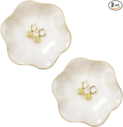 2PCS White Lotus Leaf Shape Ring Holder Dish, Small Key Bowl, Ceramic Trinket Tray Jewelry Dish Organizing Necklace Earrings for Mom Friend Sister, All Jewelries Are NOT Included, White.