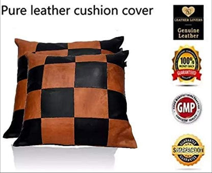 LL LEATHER LOVERS Lambskin Leather Pillow Cover - Sofa Cushion Case - Decorative Throw Covers for Living Room & Bedroom, 16x16 Inches - Check Camel & Black Pack of 2