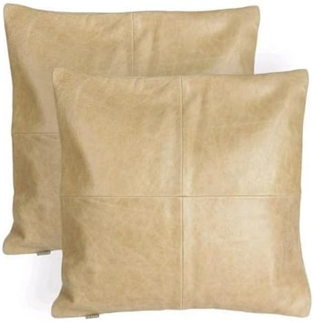 Lambskin Leather Pillow Cover - Sofa Cushion Case - Decorative Throw Covers for Living Room & Bedroom, 18x18 Inches - Light Beige Plane Pack of 2