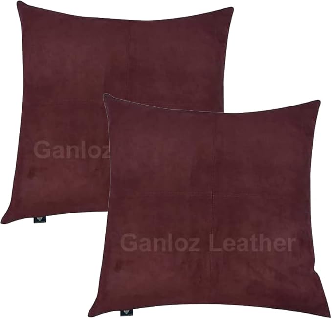Lambskin Leather Pillow Cover - Sofa Cushion Case - Decorative Throw Covers for Living Room & Bedroom, 18x18 Inches - Brown Pack of 2