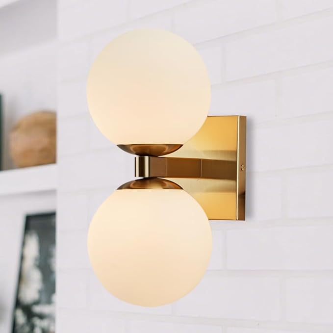 Modern Brass Double Spherical Glass Shade Wall Sconce, Elegant Brass Wall Mounted Lamp, Vanity Light Above Mirror, Sconce for Bathroom, Living Room, Hallway, Kitchen, Bedroom