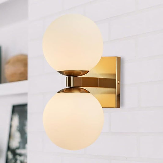 Modern Brass Double Spherical Glass Shade Wall Sconce, Elegant Brass Wall Mounted Lamp, Vanity Light Above Mirror, Sconce for Bathroom, Living Room, Hallway, Kitchen, Bedroom