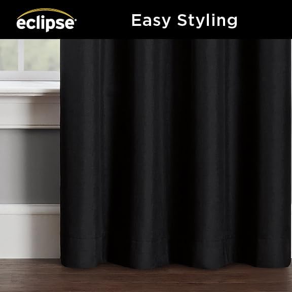 Eclipse Kendall Textured Blackout Thermal Rod Pocket Window Curtain, Insulating & Noise Reducing Curtains for Bedroom or Living Room (1 Panel), 84 in Long x 42 in Wide, Black