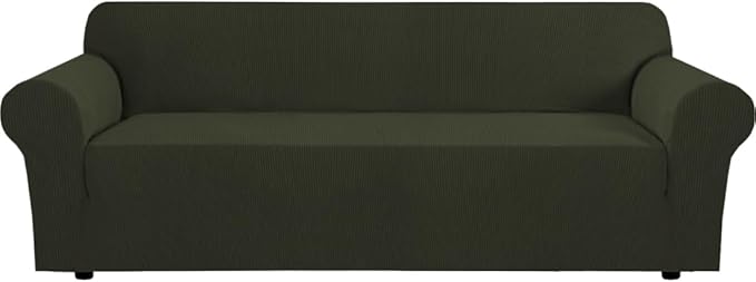 H.VERSAILTEX Stretch Couch Covers for Sofa 1 Piece Slipcovers for Couches and Sofas 3 Seater Couch Cover Feature Thick Checked Jacquard Fabric with Elastic Bottom(Large Sofa 90"-100" Wide, Olive)