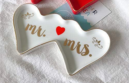 Stephanie Imports Double-Hearted Mr & Mrs Ceramic Trinket Plate and Decorative Jewelry Dish