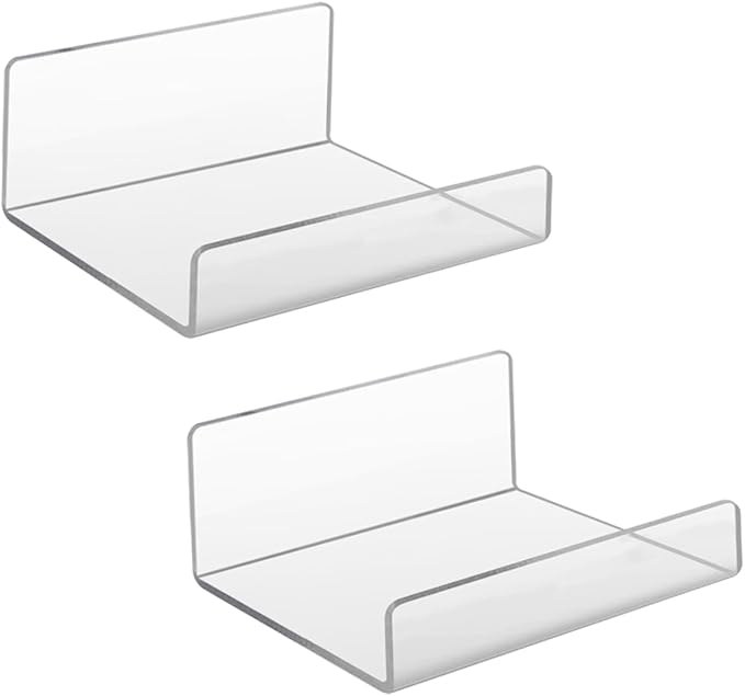 Bringsine Set of 2 Acrylic Floating Wall Shelves Hanging Shelves, Adhesive Wall Display Shelf Stand for Plant Pot, Speaker, Security Camera, Figures in Office and Home, 8 x 6 Inch
