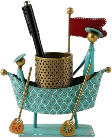Handmade Metal Boat Pen Stand for Desk – Artistic Tribal Pen Holder Organizer for Office & Home Décor – Decorative Tabletop Accessory for Stationery Storage (Turquoise & Gold)