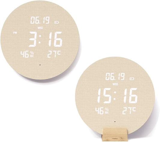 mooas Wood Moon Cordless Digital LED Wall Clock, Time Week Temperature & Humidity, Sound Sensor-Auto Brightness, Modern Décorative LED Clock for Bedroom Livingroom, Wireless Wall Mount/Wooden Stand