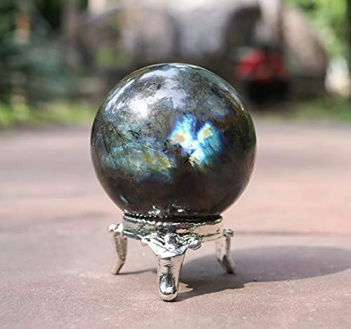 Crocon 50mm Labradorite Stone Sphere Ball with Metal Stand 1400+ Carats Gemstone Ball Healing Sphere Sculpture Figurine for Fengshui Divination Home Decoration Photography Crystal Sphere