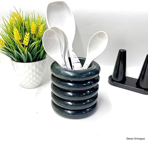 Décor Envogue 4x4" Scalloped Dark Grey Natural Stone Stationary holder Pencil Pen Holder Stand for Desk Utensil Holder Spoon Caddy Countertop Handmade kitchen Utensils set organizer