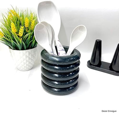 Décor Envogue 4x4" Scalloped Dark Grey Natural Stone Stationary holder Pencil Pen Holder Stand for Desk Utensil Holder Spoon Caddy Countertop Handmade kitchen Utensils set organizer
