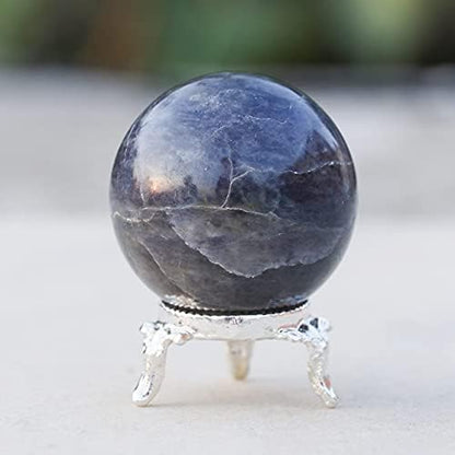 Crocon 45mm Iolite Stone Sphere Ball with Metal Stand 1400+ Carats Gemstone Ball Healing Sphere Sculpture Figurine for Fengshui Divination Home Decoration Photography Crystal Sphere