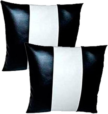 Lambskin Leather Pillow Cover - Sofa Cushion Case - Decorative Throw Covers for Living Room & Bedroom, 20x20 Inches - Black and White Pack of 2