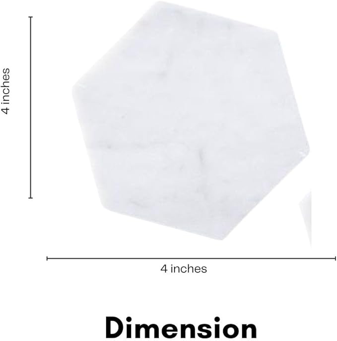 Coasters for Drinks - Set of 6 Modern Coasters - 4" Wide Drink Coasters - Made from Real Solid Marble White Marble Coasters Hexagon Shape