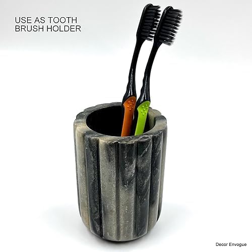 Décor Envogue Natural Scalloped Grey Marble SPA Collection Tumbler Toothbrush Holder Marble Pencil Pen Holder Stand for Desk, Makeup Brush Cup for Girls, Bathroom Tumbler Cup, Durable Office & Home