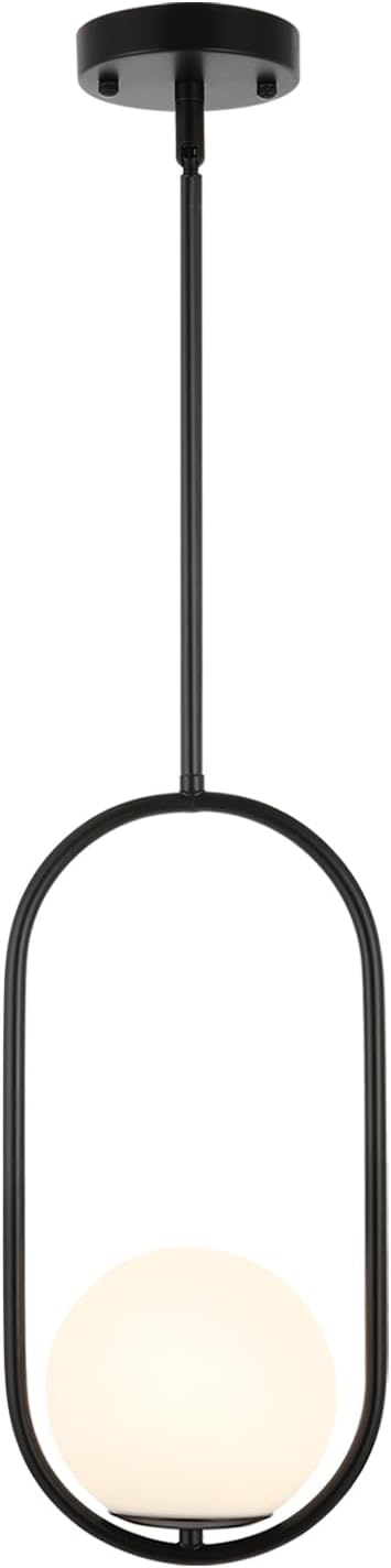 Modern Globe Pendant Light Mid Century Chandelier 1-Light Matte Black Ceiling Hanging Lighting Fixture with White Globe Glass Shade for Kitchen Island Dining Room Bedroom