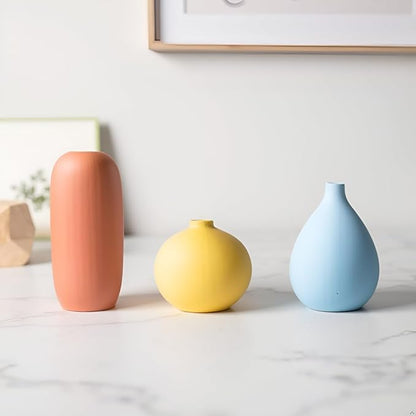 Small Multi Color Ceramic Vase Set 3 for Modern Home Table Decor, Living Room, Tabletop, Bedroom, Shelf, Office Bookshelf, Entryway, Coffee Table Mantel, Rustic Farmhouse Decorative Vases