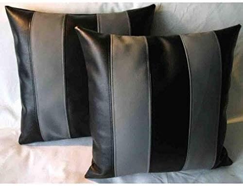 D DOLLY LAMB Lambskin Leather Pillow Cover - Sofa Cushion Case - Decorative Throw Covers for Living Room & Bedroom, 14x14 Inches - Black Grey Pack of 2