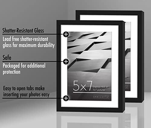 Americanflat 5x7 Picture Frame with Shatter-Resistant Glass - Set of 2 - Streamline Collection - Thin Border Photo Frame for Tabletop and Wall - Hanging Hardware and Easel Stand Included - Black