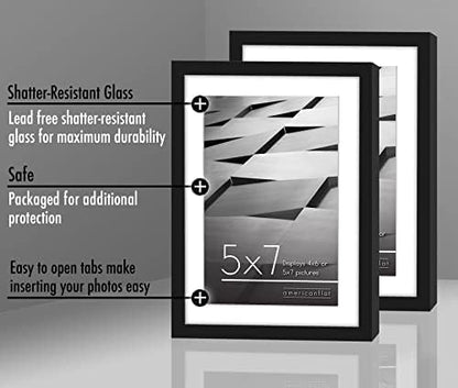 Americanflat 5x7 Picture Frame with Shatter-Resistant Glass - Set of 2 - Streamline Collection - Thin Border Photo Frame for Tabletop and Wall - Hanging Hardware and Easel Stand Included - Black