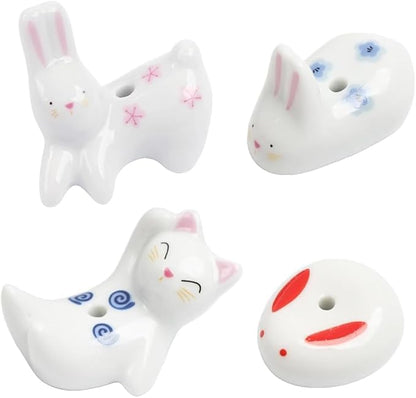 4Pcs Rabbit Cat Ceramic Incense Holder Cute White Animals Incense Sticker Holder Fun Home Decorative Ornaments for Home Room Decoration Yoga Spa Meditation Incense Holders