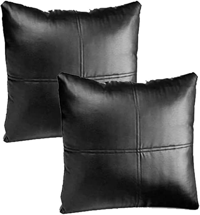 D DOLLY LAMB Lambskin Leather Pillow Cover - Sofa Cushion Case - Decorative Throw Covers for Living Room & Bedroom, 14x14 Inches - Light Black Pack of 2