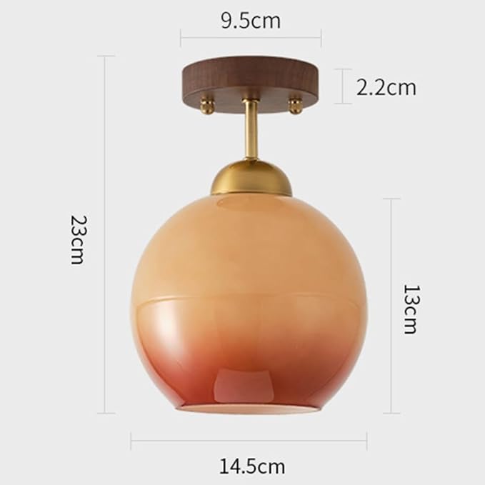 Modern Semi Flush Mount Ceiling Light Minimalist Walnut Wood Base Fixture Gradient Glass Globe Shade Ceiling Lamp for Hallway Entryway Balcony Lighting