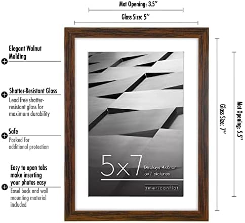 Americanflat 5x7 Picture Frame with Shatter-Resistant Glass - Use as 4x6 Frame with Mat or Display 5x7 Photo Without Mat - Streamline Collection - Picture Frames for Tabletop and Wall - Walnut