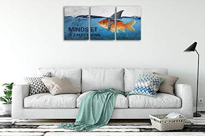 3 Panels Modern Framed Inspirational Canvas Wall Art Goldfish Body Strong Shark Heart Mindset is Everything Motivational Wooden Decor Posters (72''W x 36''H)