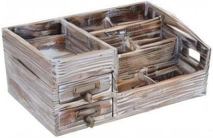 Liry Products Rustic Torched Wooden Desktop Organizer Dark Brown Tabletop Storage Cabinet Stepped Rack Multiple Compartments 2 Tier Drawers Makeup Accessory Sorter Display Box Home Office Supplies